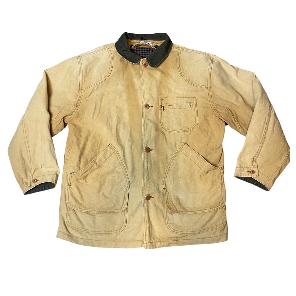 Vintage LL Bean Barn Chore Jacket Tan Flannel Lined PrimaLoft Field Coat Mens L